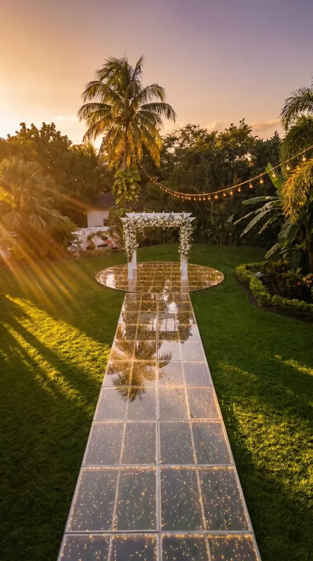 Pasarela de cristal iluminada hacia un arco floral al atardecer