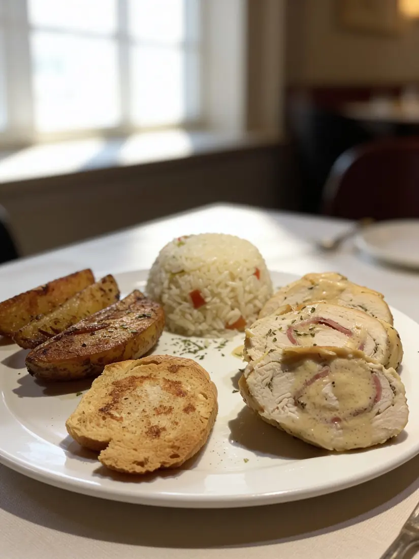 Plato servido con pollo relleno, arroz, papas al horno y pan tostado