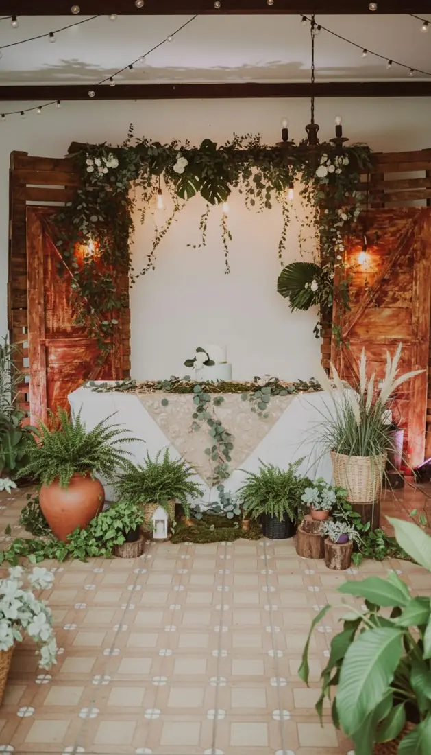 Mesa de pastel con puertas de madera, follaje y plantas