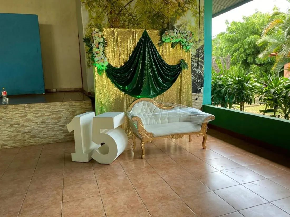 Cumpleaños con muro de flores, letrero Happy Birthday y trono
